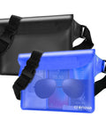 Waterproof Fanny Pack For Women IP68 Phone Passport Pouch Floating Dry Bag, blue and black, with sunglasses inside