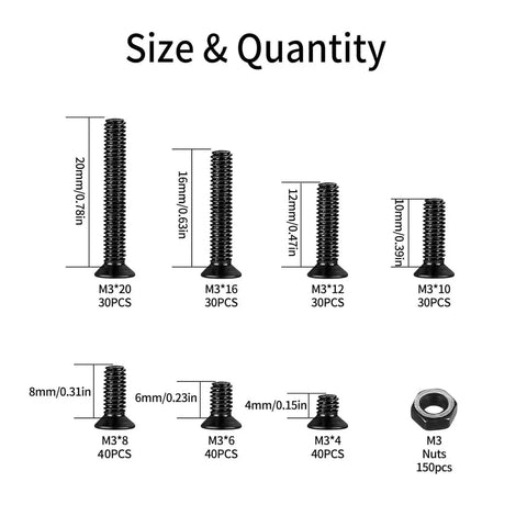 390 Pcs M3 Flat Head Countersunk Cross Machine Screws And Nuts Set In Black Steel For Electronics, DIY Projects, Robotics And Hobby Builds With Hex Nuts Kit For Strong Easy Mounting. Size chart with M3 screws and nuts