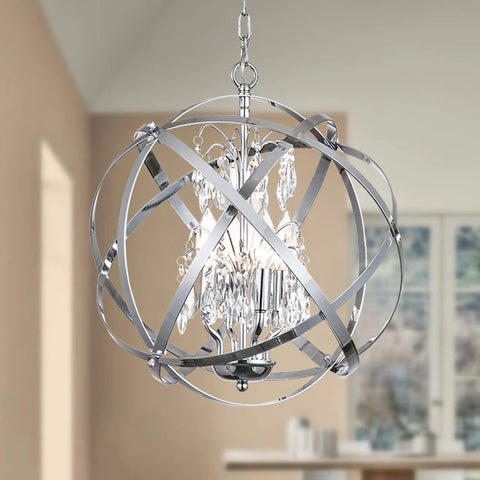 Globe Four Light Crystal Chandelier With Industrial Sphere Cage Chrome Finish Adjustable Hanging Pendant Lighting For Dining Room Living Room Foyer E12 Base Raindrop Metal Shade