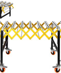 Heavy Duty 50 Inch Extendable Roller Conveyor Table With Steel Frame Loads 1000 Lbs For Warehouse, Workshop And Fulfillment Center Use, showing x-frame and wheels.