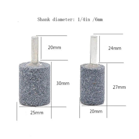 80 Grit Mounted Stone Point Grinding Bits Set for Rotary Tools, 6mm Mandrel showing two cylindrical abrasive bits with measurements.