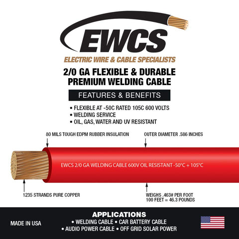 Premium 2/0 Gauge Extra Flexible Welding Cable 600 Volt Red 25 Feet Made In USA Sunlight Resistant Water Resistant