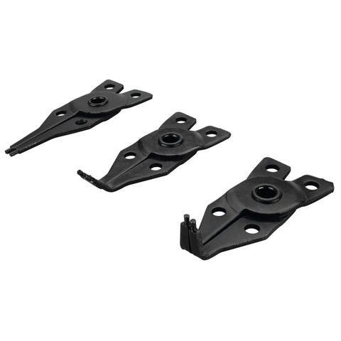 Close-up view of three interchangeable jaw tips for Go To Five Piece Interchangeable Jaw Snap Ring Plier Set With Straight 45 Degree And 90 Degree Angles.