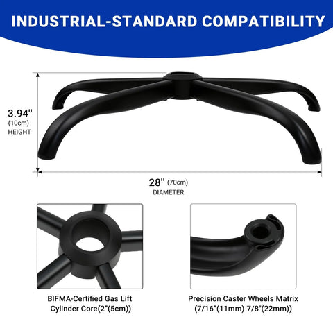 Heavy Duty 28 Inch Office Chair Base Replacement For Most Chairs 2400 Lbs Capacity Matte Black Metal Legs With Universal Casters Sockets Fits Seven Sixteenth Inch By Seven Eighth Inch Casters And Two Inch Gas Cylinders For Swivel Gaming Chairs showcasing metal legs and caster sockets.