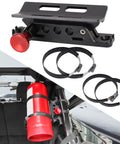 Aluminum Quick Release Roll Bar Fire Extinguisher Mount Holder For Ford Bronco Jeep Wrangler Gladiator UTV Polaris RZR Ranger Can Am ATV With Anti Slip Rubber Clamps And Durable 6061 T6 Billet Construction shown installed on a roll bar.