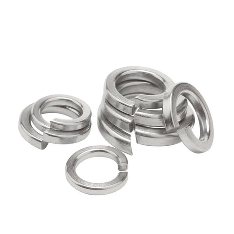 Assorted Stainless Steel Lock Washers Kit M1.6 To M27 A2 304 Grade Split Spring Washers For Auto Enthusiasts, Machinery, And DIY Projects, Easy Install, No Tools Needed, Durable, Surface Safe, Great For Automotive And Gearhead Projects. Stainless steel split spring lock washers shown in assorted sizes.