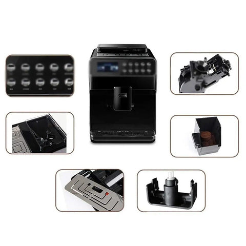 Gotta Love This Fully Automatic Espresso Machine With A Slick Milk Frother And One Touch Buttons to Whip Up Silky Lattes At Home Without Burning A Hole In Your Daily Budget showing controls and removable parts.