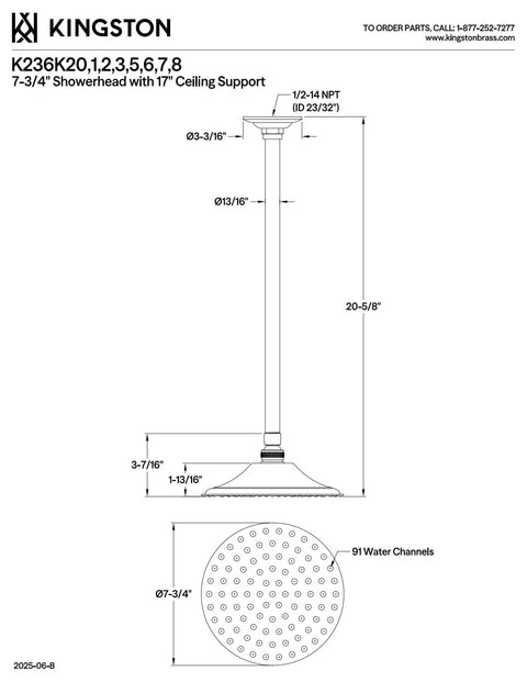 Shower Scape 7-3/4-Inch Round Brass Rain Shower Head With 17-Inch Ceiling Mount Arm In Polished Nickel, 1.8 GPM Flow At 80 PSI diagram