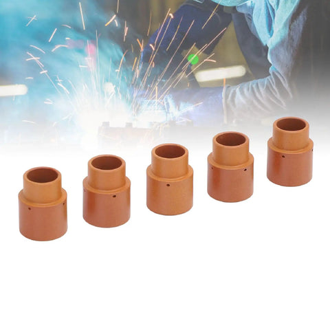 Five Piece Plasma Swirl Ring Kit for Versa Cut 40 Torch CB50 CB60 CB70, flame retardant ABS rings with welding background.