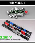 Image showing 'Heavy Duty Socket Rail Organizer Set Nine Piece Kit With Quarter Inch Clips Forty Eight Three Eighths Inch Clips Forty Five One Half Inch Clips Thirty Six Pro Grade ABS Clip Rails Keeps Deep And Shallow SAE And Metric Sockets Neat And Ready' tidy vs messy socket organization.