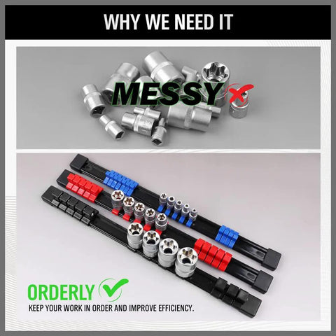 Image showing 'Heavy Duty Socket Rail Organizer Set Nine Piece Kit With Quarter Inch Clips Forty Eight Three Eighths Inch Clips Forty Five One Half Inch Clips Thirty Six Pro Grade ABS Clip Rails Keeps Deep And Shallow SAE And Metric Sockets Neat And Ready' tidy vs messy socket organization.