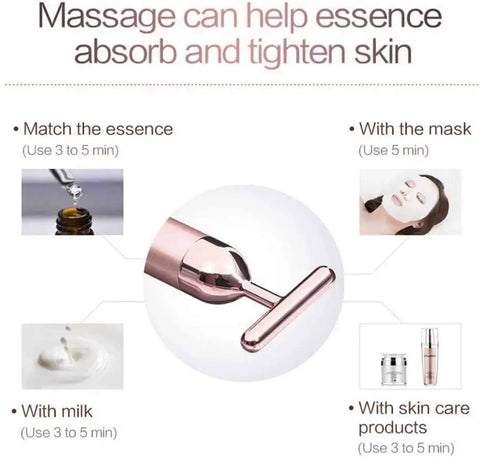 24K Gold Pulse Facial Massager With Micro Vibration For Sensitive Skin, T Shape Electric Face Tool That Tightens Lifts Firms And Rejuvenates Neck Eyes And Forehead For A Youthful Radiant Glow, rose gold close-up with skincare uses