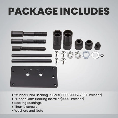 Harley Twin Cam Inner Bearing Installer And Puller Tool Kit For 1999 Up Models components shown in package inclusion list.