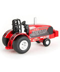 Red Menace One Sixty Fourth Scale Pulling Tractor With Pickup Truck And Trailer Set diecast toy featuring rubber tires and movable wheels