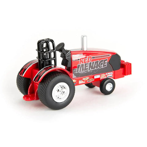 Red Menace One Sixty Fourth Scale Pulling Tractor With Pickup Truck And Trailer Set diecast toy featuring rubber tires and movable wheels