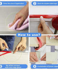 Top Shelf Heavy Duty 10 Ft Sharp Edge Protector Strips usage steps showing installation and corner clipping techniques.