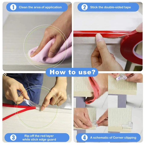 Top Shelf Heavy Duty 10 Ft Sharp Edge Protector Strips usage steps showing installation and corner clipping techniques.