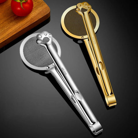 Stainless steel claw-design oil strainer spoon, 2-piece set in silver and gold finishes for frying oil filtration