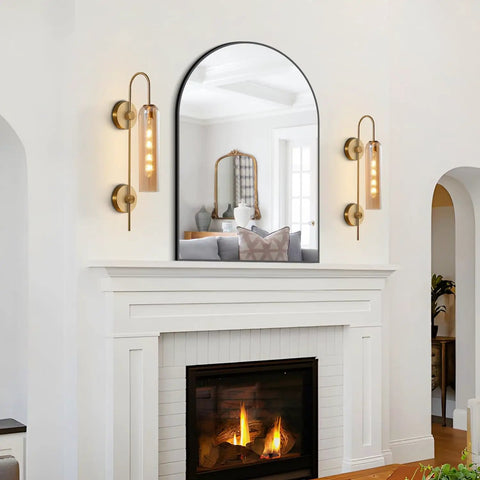 Amber Glass Wall Sconce With Brass Tube, 1 Light Modern Mid Century Vanity Fixture for Bedroom, Living Room and Bathroom
