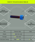 Badass M5x18 Titanium Bolts Socket Head Cap Screw Four Pack With Sick Burnt Blue Drip Ultra Lightweight Aerospace Grade Fasteners displayed on gray background.