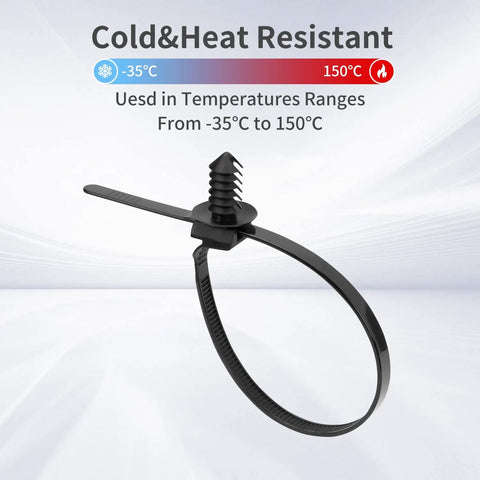 Heavy Duty Nylon Zip Ties Kit 210 Piece Push Mount Self Locking Cable Ties In 5 Sizes UV Resistant shown with temperature range.
