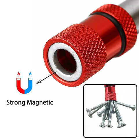 Close-up of red magnetic tip on Two Piece Adjustable Screw Depth Bit Holder Magnetic Screwdriver Set For Drywall with inset showing holding screws