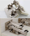 Pair of frameless cabinet hinges with hidden hydraulic dampers, stainless steel, installed on light wood cabinet.