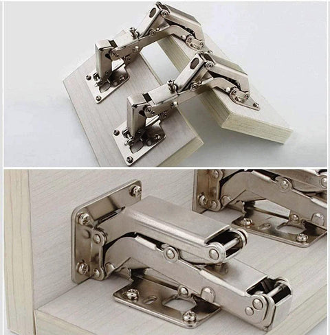 Pair of frameless cabinet hinges with hidden hydraulic dampers, stainless steel, installed on light wood cabinet.
