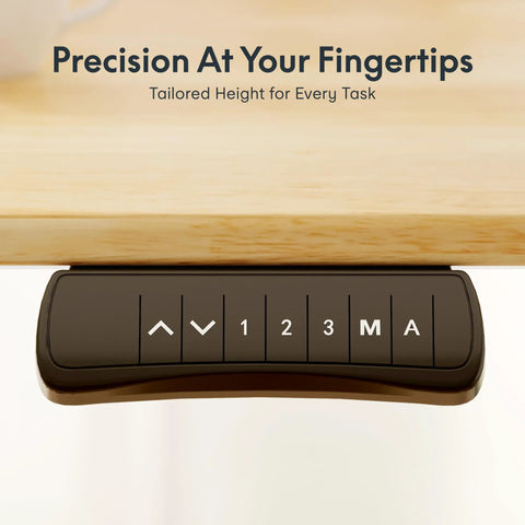 Height adjustment control panel of Premium Four Leg Height Adjustable Standing Desk With Natural Maple Surface And Rock Solid Anti Wobble Engineering For No Stress Home Office And Multi Monitor Setups.