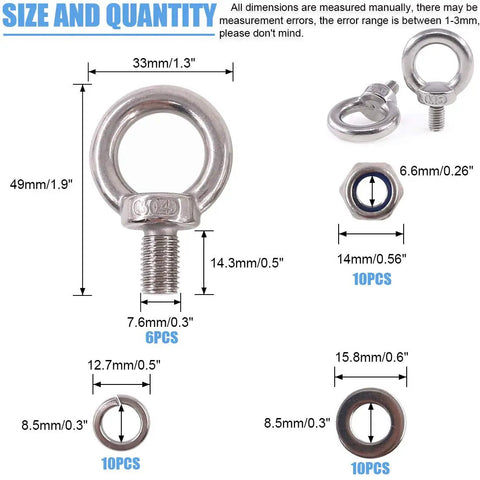 304 Stainless Steel M8 Eye Bolts Beefy Lifting Ring Set With Lock Nuts Washers And Flat Washers size chart and quantity