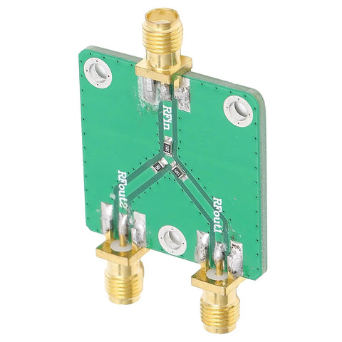 Built To Last Two Way RF Power Splitter PCB Board DC To Five Gigahertz Frequency Range With Six Decibel Attenuation, green PCB.