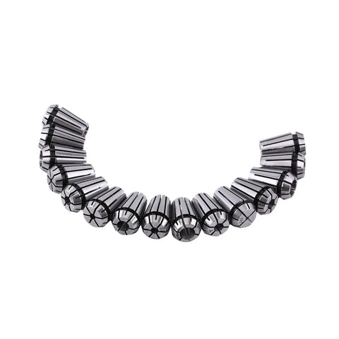 15pcs ER11 Spring Collet Set made from premium steel, arranged in a curve for CNC engraving and milling precision work.