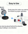 Twelve Piece Heavy Duty Rubber Furniture Pads, 2 Inch Anti Skid Coasters demonstrating proper use under furniture wheels.