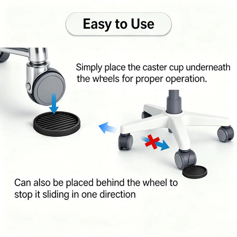 Twelve Piece Heavy Duty Rubber Furniture Pads, 2 Inch Anti Skid Coasters demonstrating proper use under furniture wheels.