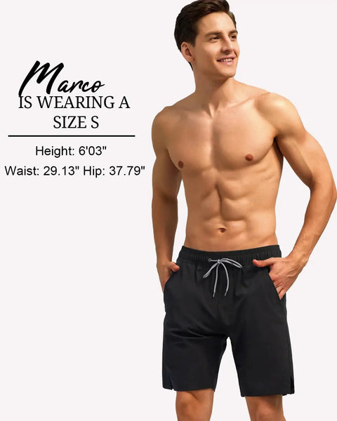 Model wearing Men's Quick Dry Swim Trunks With Zip Pockets And Drawstring Closure Built In Compression Liner For Modesty in Black