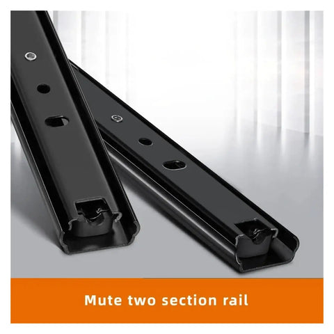 Heavy Duty Cold Rolled Steel Drawer Slides Two Section Butter Smooth Cabinet Tracks 12 Inch soft close black rails on a surface.