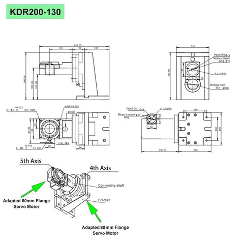 Technical drawing of Heavy Duty 4Th And 5Th Axis Motorized Hollow Rotary Indexing Table For Cnc Machining and Robotic Arm Positioning With Bulletproof Kdr200130 Servo Drive.