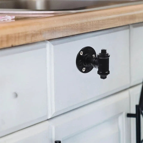 Industrial Vintage Iron Pipe Cabinet Handles Two Pack Retro Open Plan Style Cupboard Door Pulls installed on a white cabinet