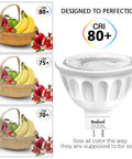 Comparison of fruit baskets under LED light with different CRI next to MR16 LED Light Bulbs 5W Non Dimmable Replacement for 50W Halogen