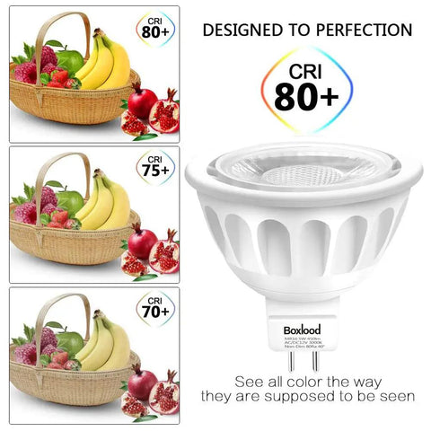 Comparison of fruit baskets under LED light with different CRI next to MR16 LED Light Bulbs 5W Non Dimmable Replacement for 50W Halogen