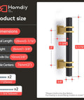 Dimensions chart for 10 Pack Black And Gold Cabinet Pulls 5 1/16 Inch Overall Length With 3 Inch Center Hole Stainless Steel Grips And Zinc Alloy Base.