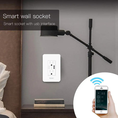 Smart WiFi In Wall Outlet With USB And Type-C Ports, 15A Divided Socket, remote app control, beside lamp and books
