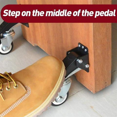 Person's foot on the pedal of Heavy Duty Retractable Workbench Caster Wheels 2 Piece Set for easy equipment mobility.