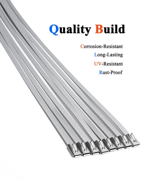 Close-up of Heavy Duty Stainless Steel Cable Tie Tool Kit with 100 Pack 11.8 Inch Self Locking Metal Zip Ties, corrosion-resistant.