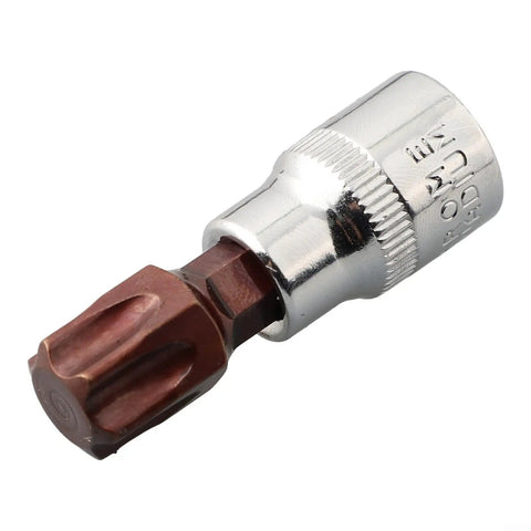 Top Tier 11 Piece Torx Bit Socket Set With T10 To T60 Chrome Vanadium Steel Driver Bits For Tough Automotive Repairs And Heavy Mechanical Maintenance Work Using Both Inch Drive Sizes. close-up of chrome vanadium T60 Torx bit socket