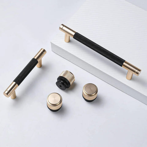 Knurled Aluminum Cabinet Handles Set, 12 Pack, 4 Inch Length, 3 Inch Center, Gold and Black Oxidation Finish with Diamond Pattern Pulls