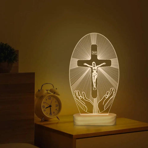 Jesus Cross Night Light USB Powered Cozy Bedside Lamp with 3D illusion, warm yellow glow for home decor, ideal for kids rooms
