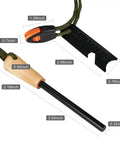 Ultimate Flint And Steel Fire Starter Kit With 3.5 Inch Ferro Rod And Diameter Five Sixteenths Inch Paracord Lanyard Multi Tool Striker And Wooden Handle, showing measurements.