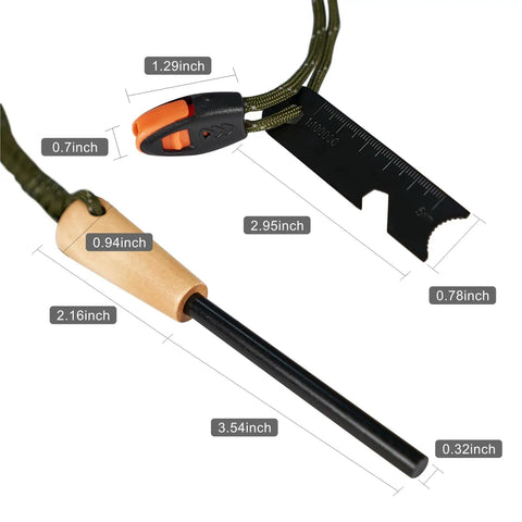 Ultimate Flint And Steel Fire Starter Kit With 3.5 Inch Ferro Rod And Diameter Five Sixteenths Inch Paracord Lanyard Multi Tool Striker And Wooden Handle, showing measurements.