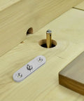 Close-up of Six Pack Foldable 360 Degree Concealed Cabinet Door Hinges in stainless steel mounted on wooden surface.